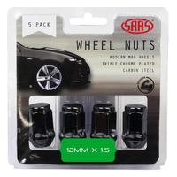 Genuine SAAS Wheel Nuts Flat Head Bulge 12 X 1.50 Black 35mm 5pk