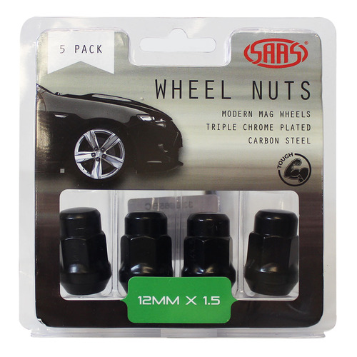 Genuine SAAS Wheel Nuts Acorn Bulge 12 X 1.50 Black 35mm 5pk