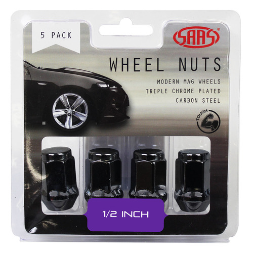 Genuine SAAS Wheel Nuts Flat Head Bulge 1/2 Black 35mm 5pk