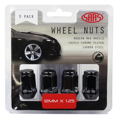 Genuine SAAS Wheel Nuts Flat Head Bulge 12 X 1.25 Black 35mm 5pk