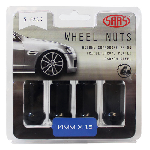 Genuine SAAS Wheel Nuts Flat Head Bulge 14x 1.5 Black 45mm 5pk