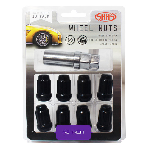 Genuine SAAS Wheel Nuts S/D 6 Spline 1/2 Inc Key Black 10pk