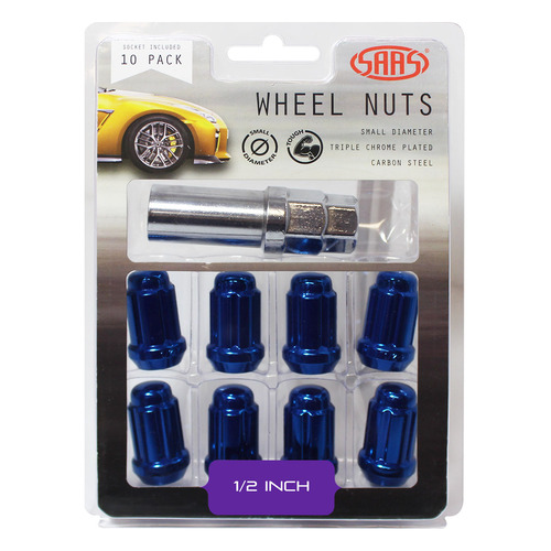 Genuine SAAS Wheel Nuts S/D 6 Spline 1/2 Inc Key Blue 10pk