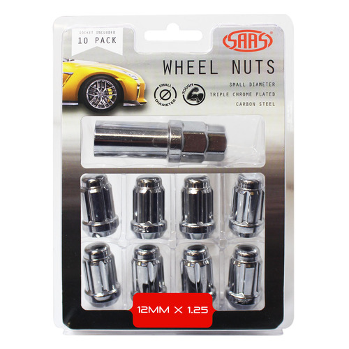 Genuine SAAS Wheel Nuts S/D 6 Spline 12 X 1.25 Inc Chrome Key 10pk