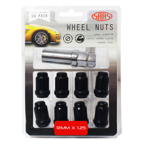 Genuine SAAS Wheel Nuts S/D 6 Spline 12 X 1.25 Inc Key Black 10pk