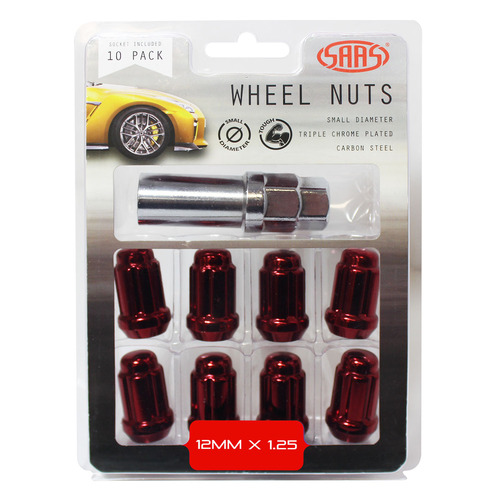 Genuine SAAS Wheel Nuts S/D 6 Spline 12 X 1.25 Inc Key Red 10pk